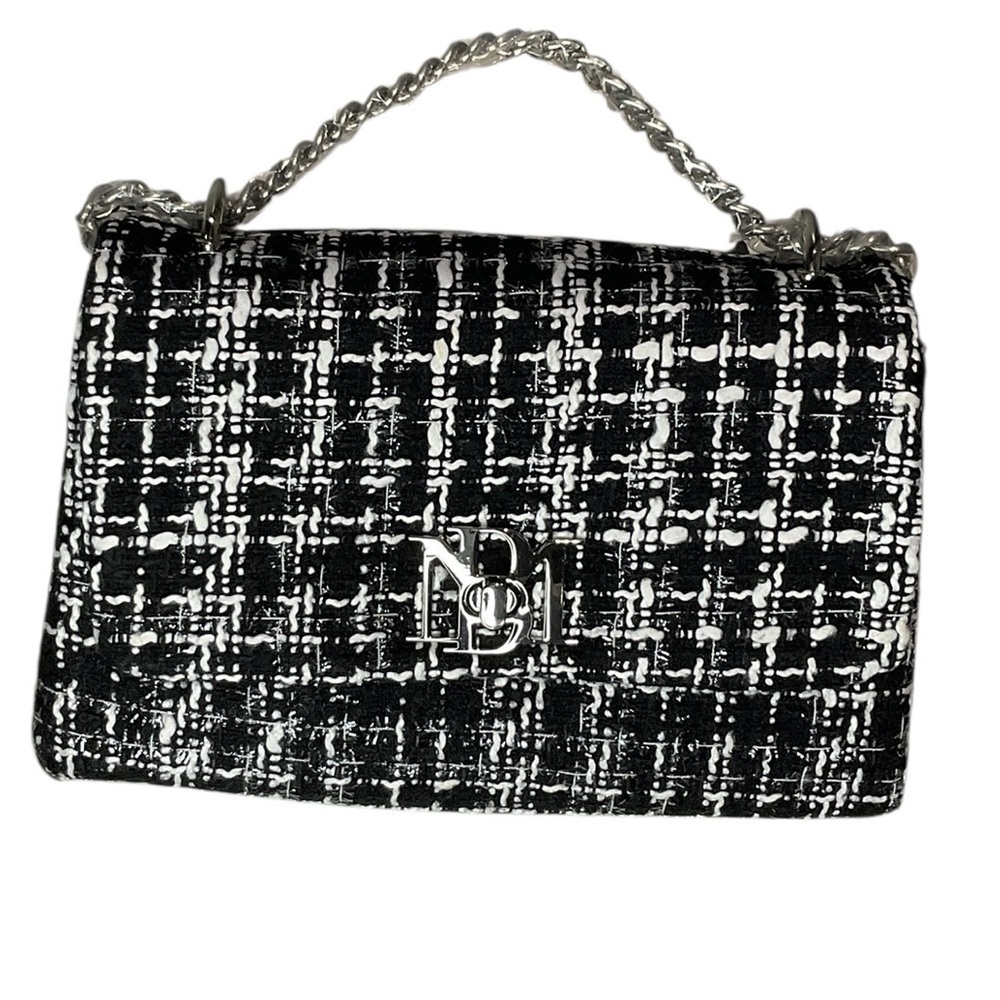 Badgley Mischka Black and White Tweed Messenger Bag with Chain Strap